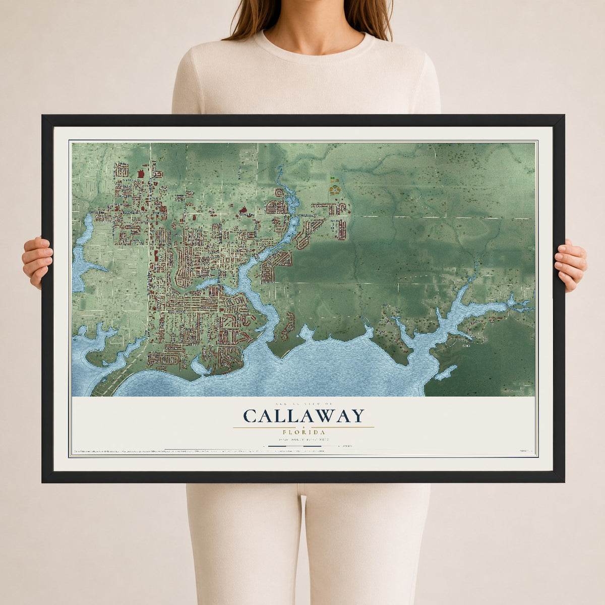 Callaway, Florida map print, 24" x 36" W/ Black Ayous Wood Frame mockup