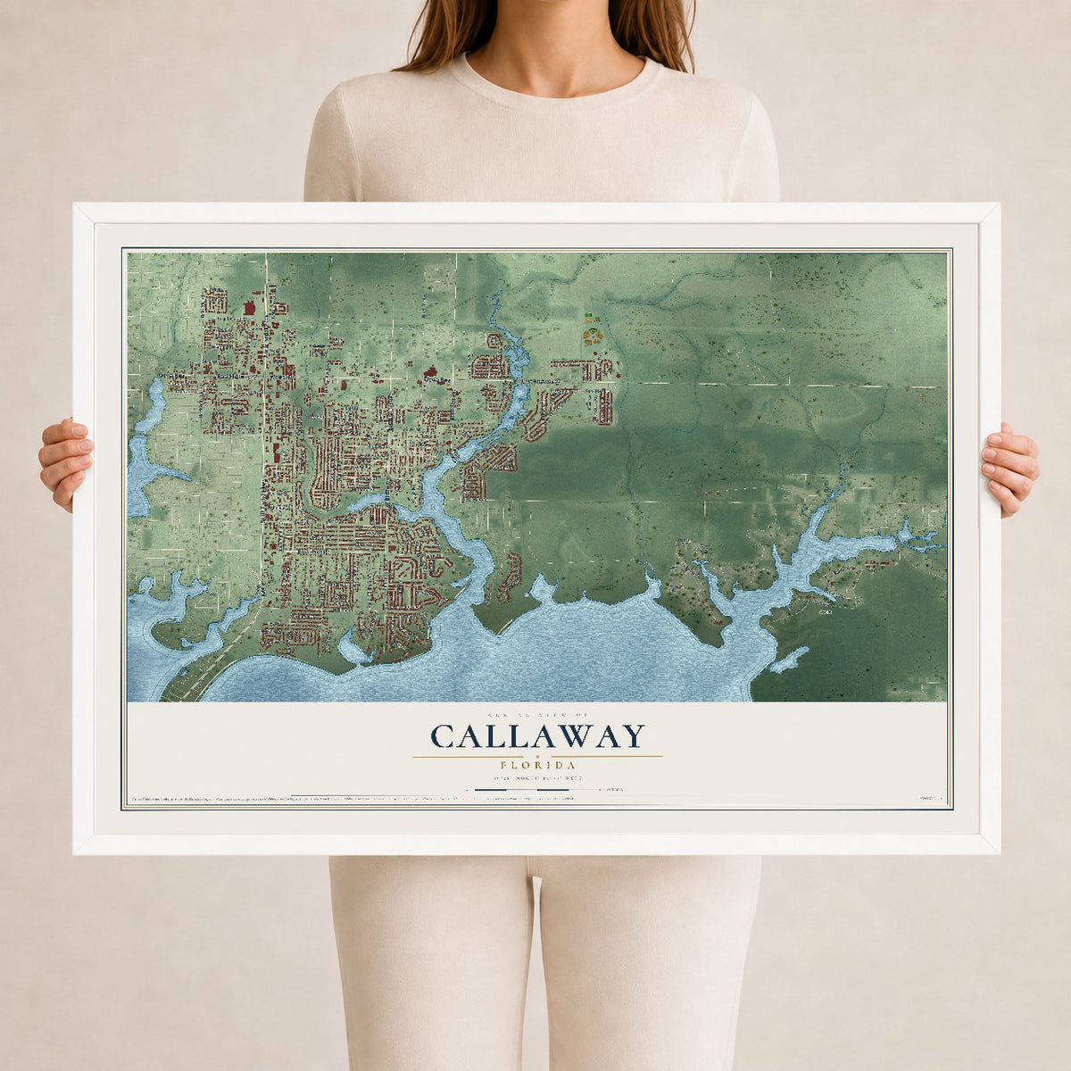 Callaway, Florida map print, 24" x 36" W/ White Ayous Wood Frame mockup