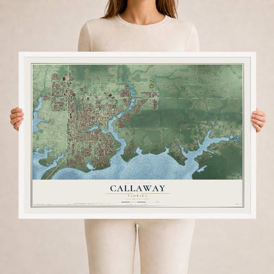 Callaway, Florida map print, 24" x 36" W/ White Ayous Wood Frame mockup