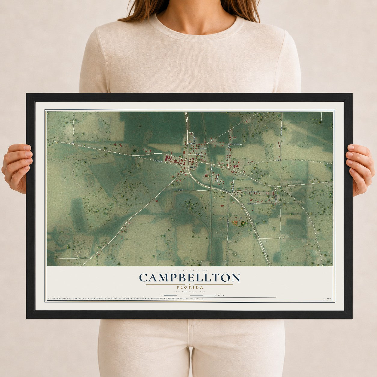Campbellton, Florida map print, 12" x 18" W/ Black Ayous Wood Frame mockup