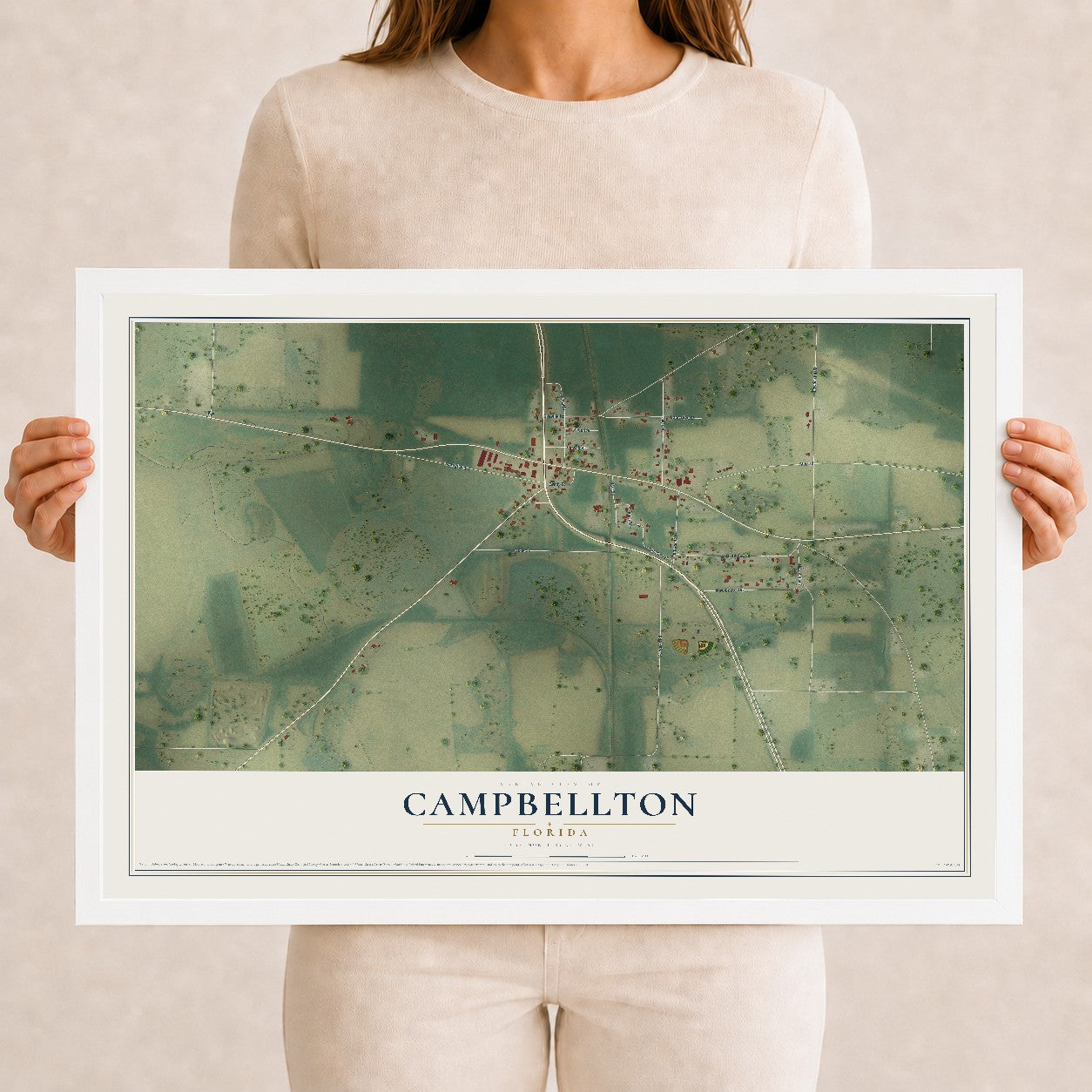 Campbellton, Florida map print, 12" x 18" W/ White Ayous Wood Frame mockup