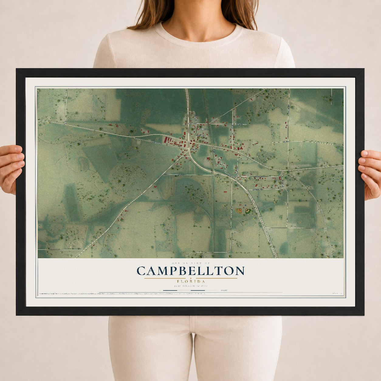 Campbellton, Florida map print, 18" x 24" W/ Black Ayous Wood Frame mockup