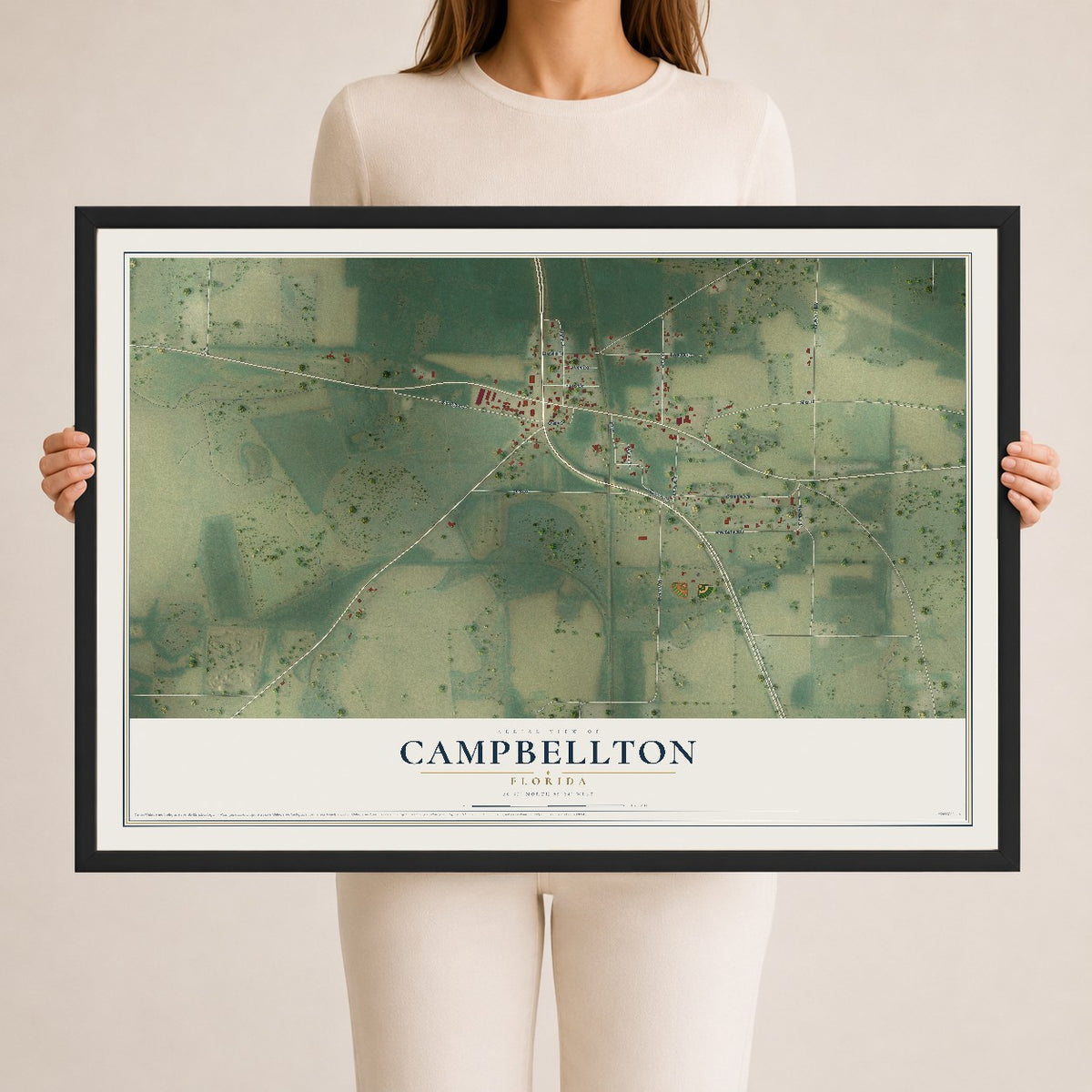 Campbellton, Florida map print, 24" x 36" W/ Black Ayous Wood Frame mockup