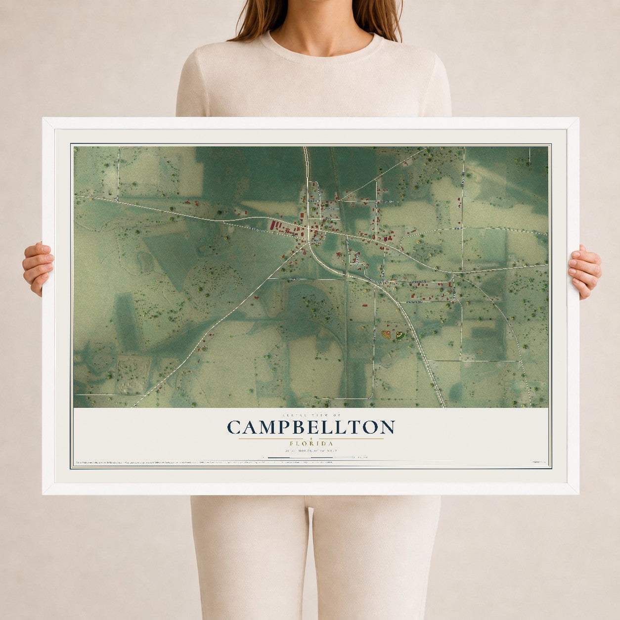 Campbellton, Florida map print, 24" x 36" W/ White Ayous Wood Frame mockup
