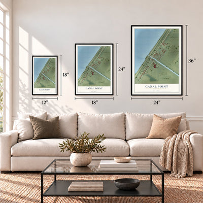 Canal Point, Florida map in 12 x 18, 18 x 24 and 24 x 36 inch sizes above a sofa