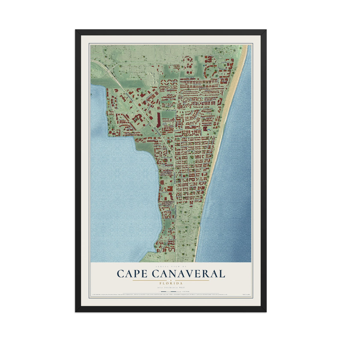 Cape Canaveral, Florida map print, 12" x 18" W/ Black Ayous Wood Frame mockup