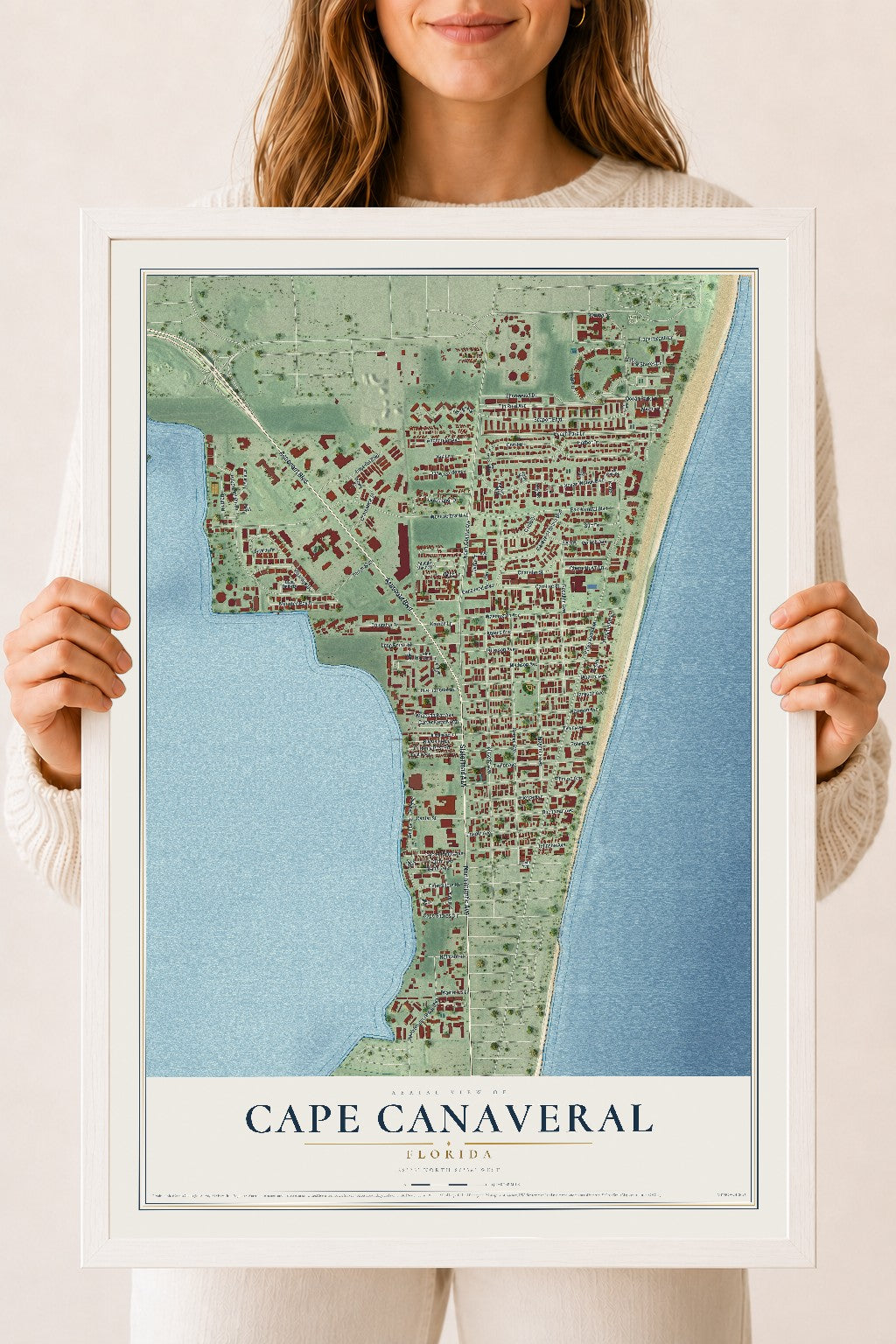 Cape Canaveral, Florida map print, 18" x 24" W/ White Ayous Wood Frame mockup
