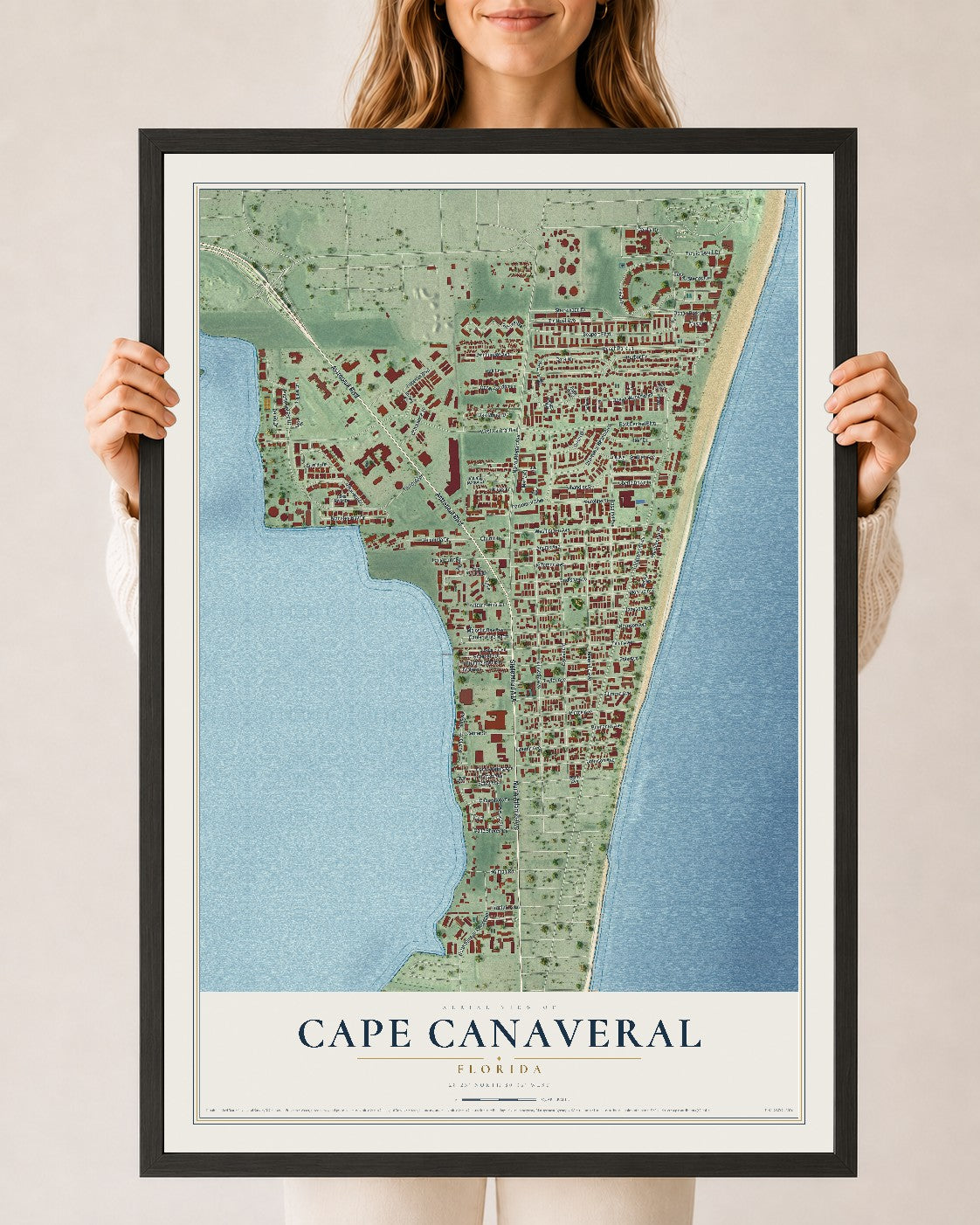 Cape Canaveral, Florida map print, 24" x 36" W/ Black Ayous Wood Frame mockup