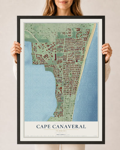 Cape Canaveral, Florida map print, 24" x 36" W/ Black Ayous Wood Frame mockup