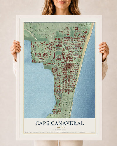 Cape Canaveral, Florida map print, 24" x 36" W/ White Ayous Wood Frame mockup