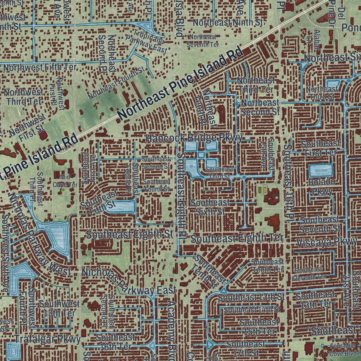 Close-up 1 of the Cape Coral, Florida map artwork