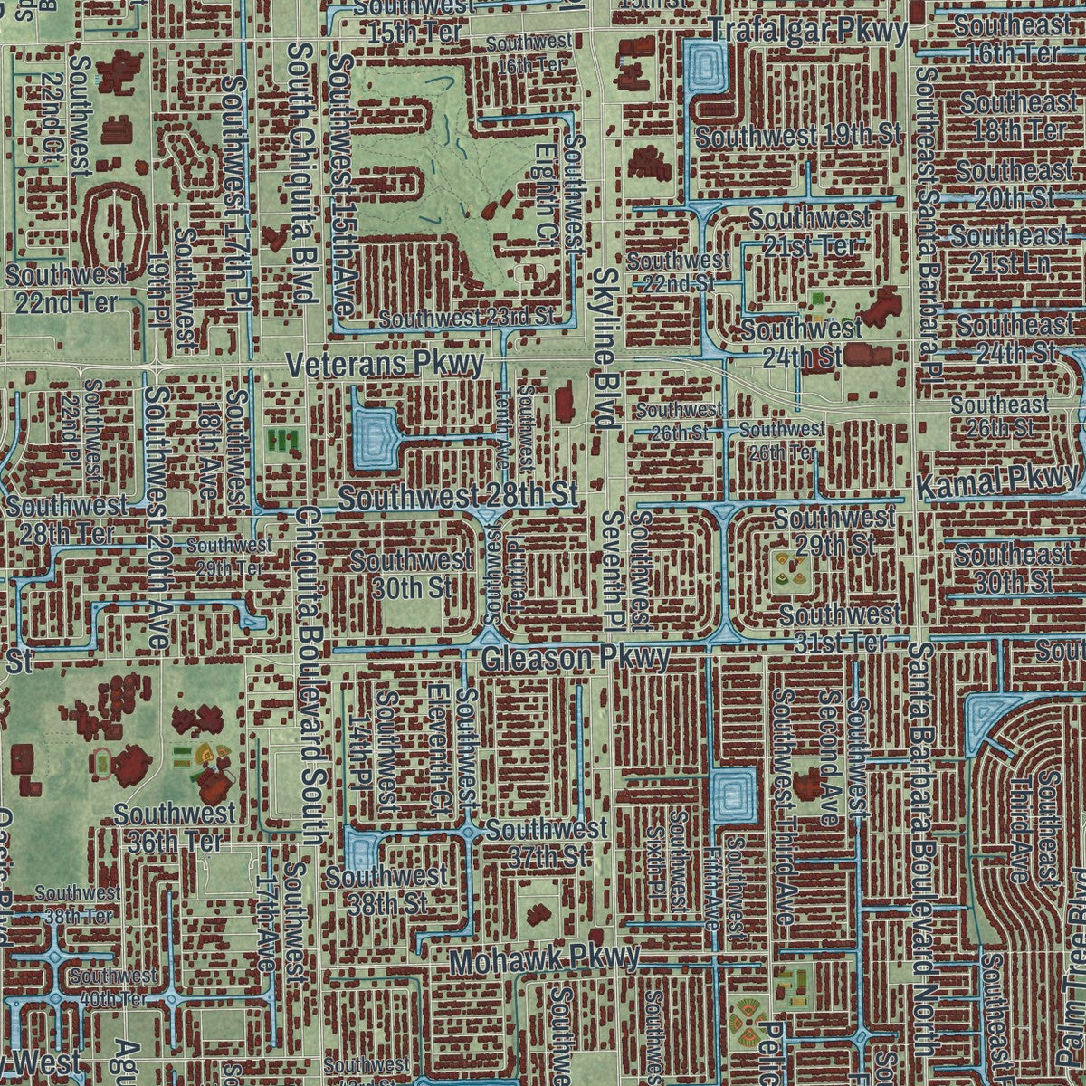 Close-up 2 of the Cape Coral, Florida map artwork