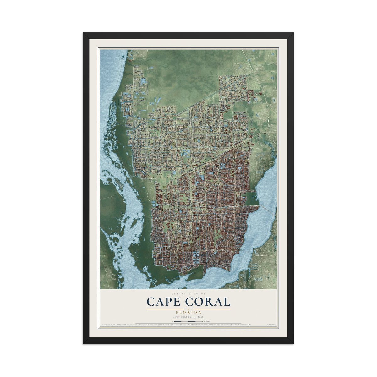 Cape Coral, Florida map print, 12" x 18" W/ Black Ayous Wood Frame mockup