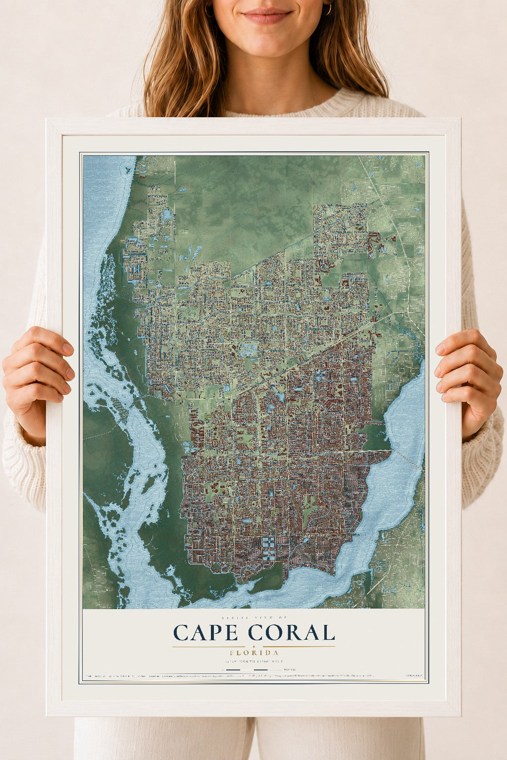 Cape Coral, Florida map print, 18" x 24" W/ White Ayous Wood Frame mockup