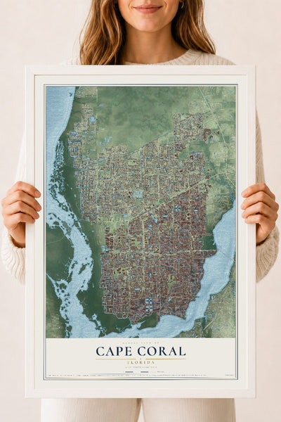 Cape Coral, Florida map print, 18" x 24" W/ White Ayous Wood Frame mockup