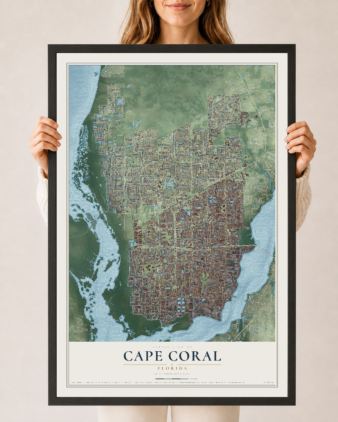 Cape Coral, Florida map print, 24" x 36" W/ Black Ayous Wood Frame mockup