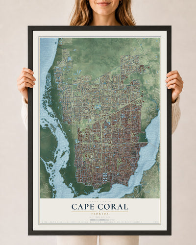 Cape Coral, Florida map print, 24" x 36" W/ Black Ayous Wood Frame mockup