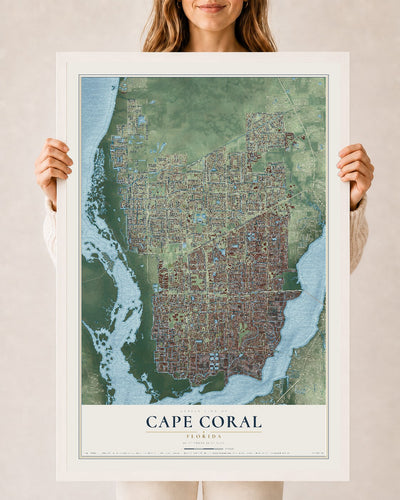 Cape Coral, Florida map print, 24" x 36" W/ White Ayous Wood Frame mockup