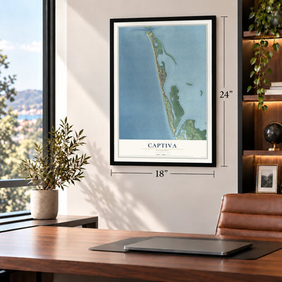 Captiva, Florida map, 18 x 24 inch print in a black frame in a home office