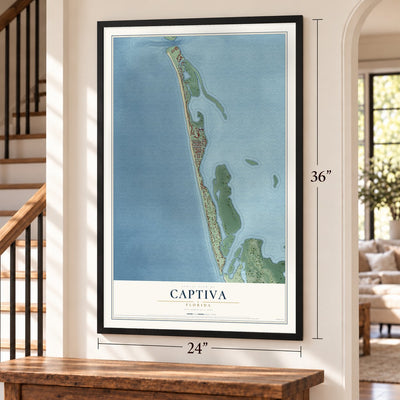 Captiva, Florida map, 24 x 36 inch print in a black frame by a staircase