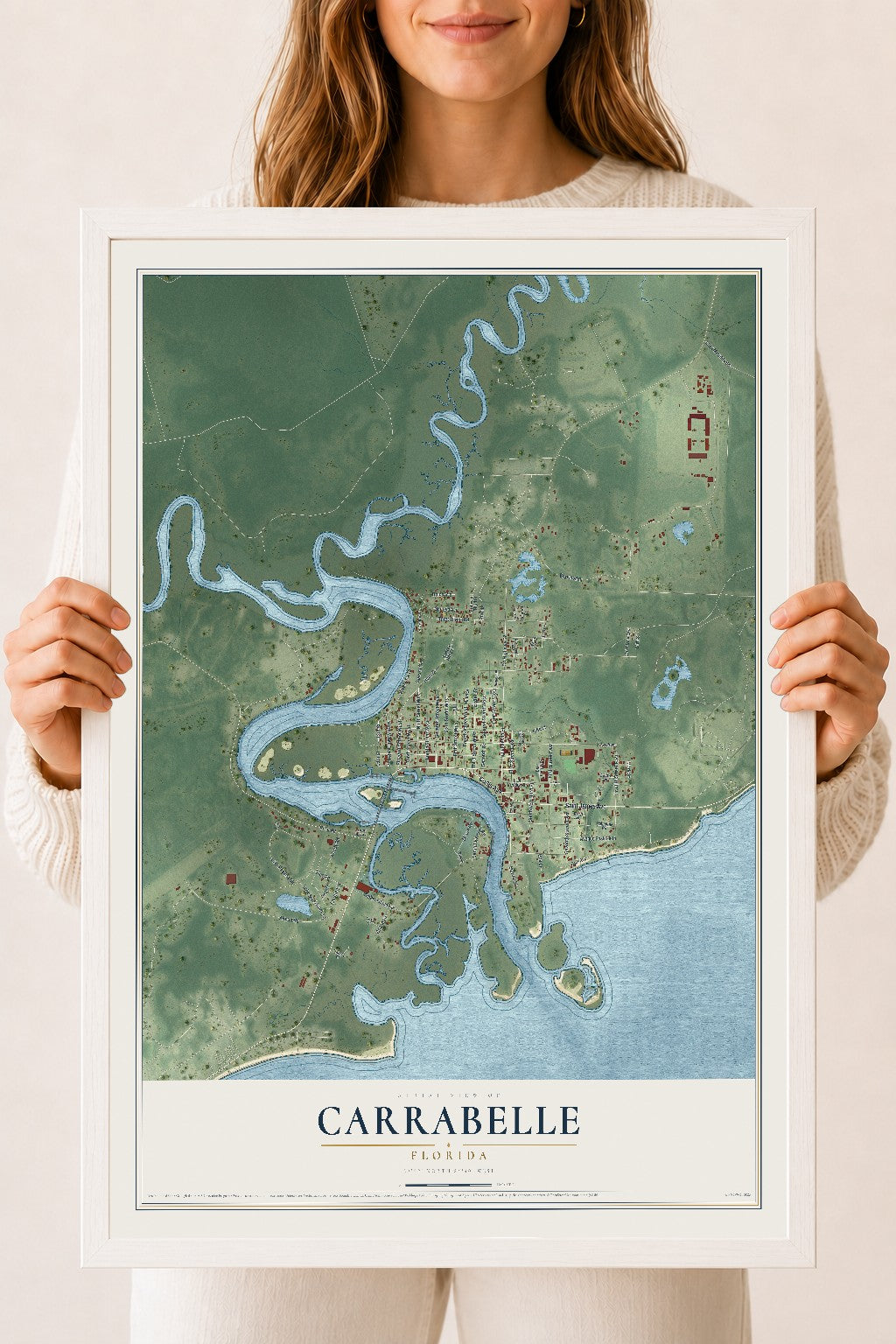 Carrabelle, Florida map print, 18" x 24" W/ White Ayous Wood Frame mockup