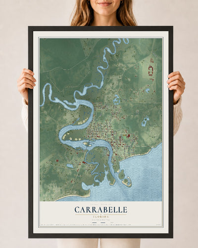 Carrabelle, Florida map print, 24" x 36" W/ Black Ayous Wood Frame mockup