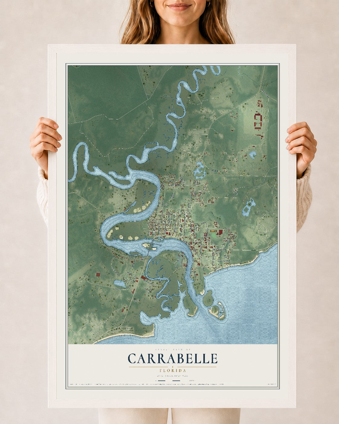 Carrabelle, Florida map print, 24" x 36" W/ White Ayous Wood Frame mockup