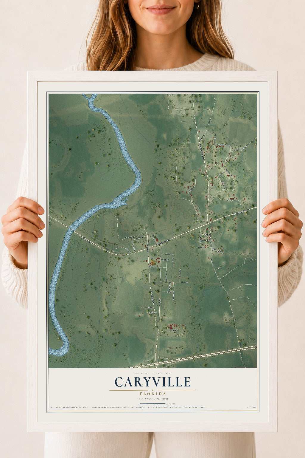 Caryville, Florida map print, 18" x 24" W/ White Ayous Wood Frame mockup