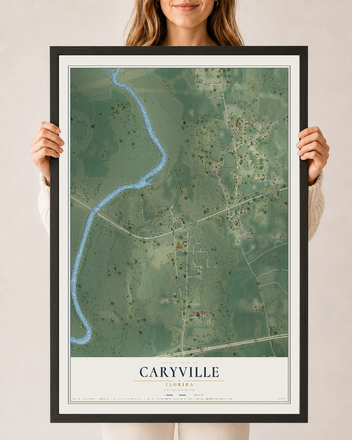 Caryville, Florida map print, 24" x 36" W/ Black Ayous Wood Frame mockup