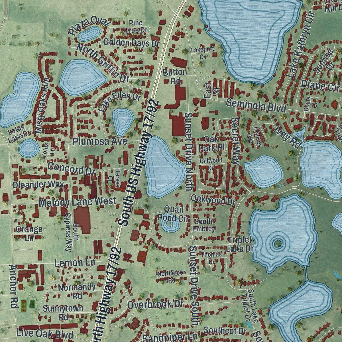 Close-up 2 of the Casselberry, Florida map artwork