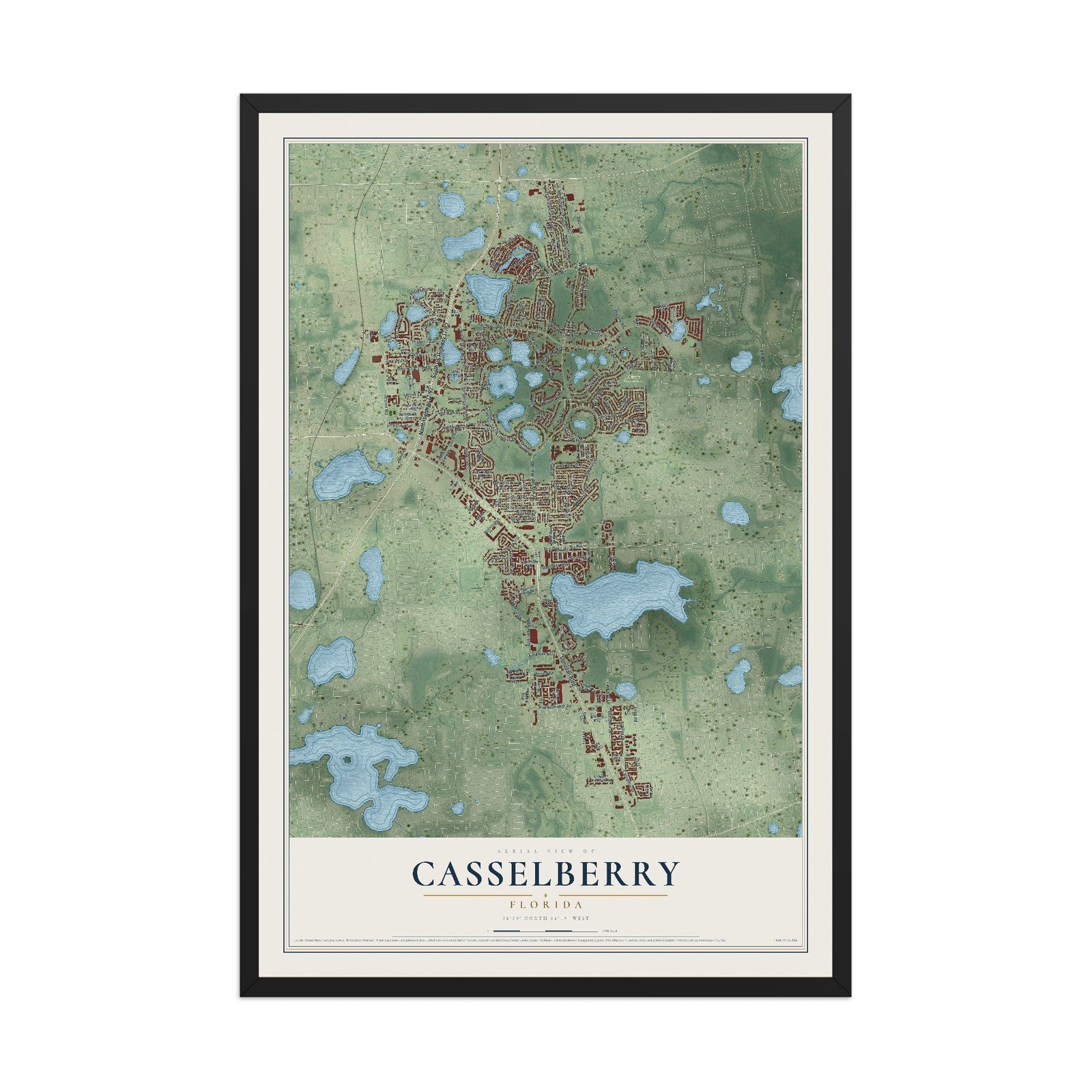 Casselberry, Florida map print, 12" x 18" W/ Black Ayous Wood Frame mockup