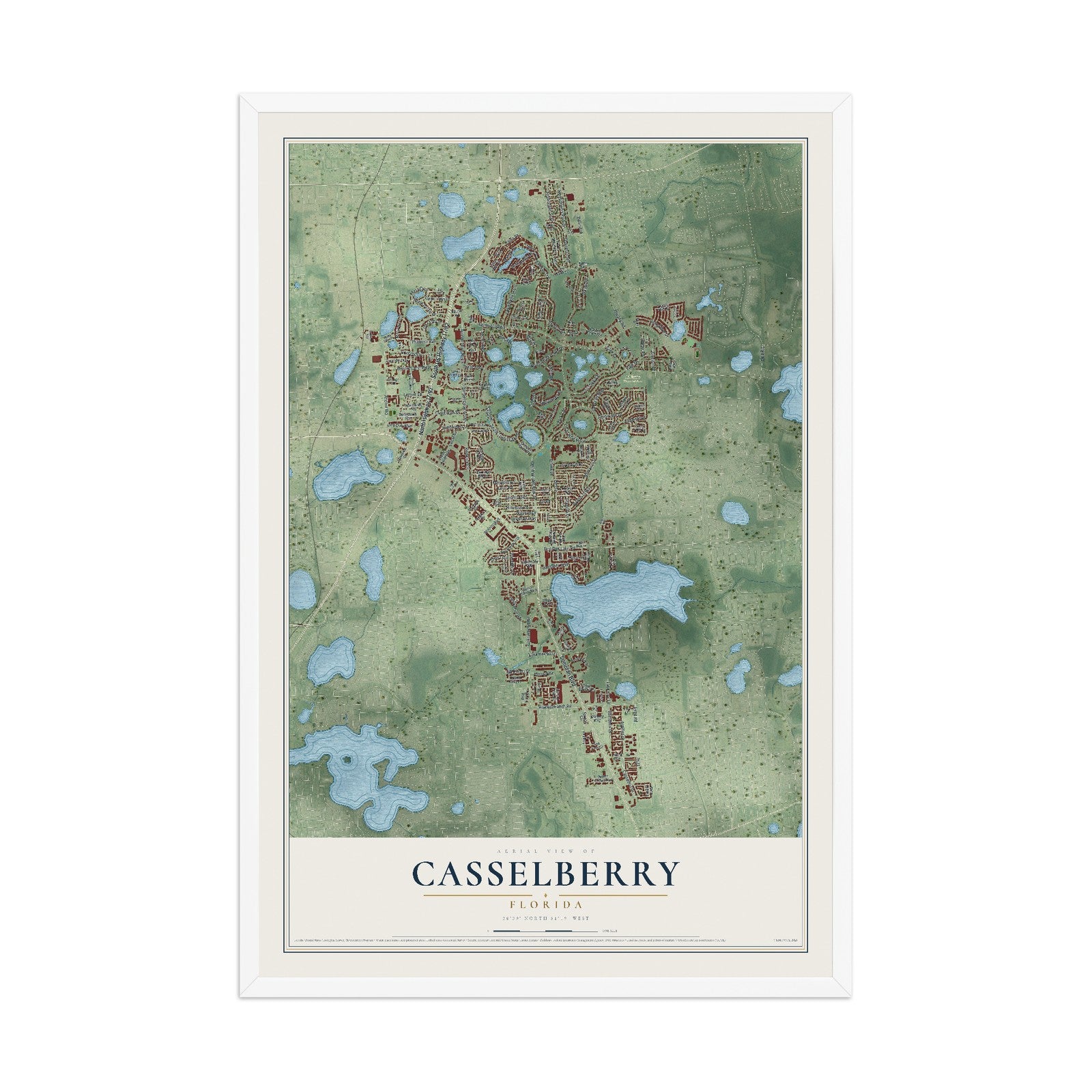 Casselberry, Florida map print, 12" x 18" W/ White Ayous Wood Frame mockup