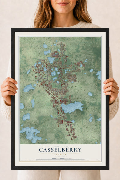 Casselberry, Florida map print, 18" x 24" W/ Black Ayous Wood Frame mockup