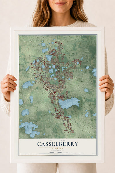 Casselberry, Florida map print, 18" x 24" W/ White Ayous Wood Frame mockup