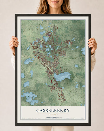 Casselberry, Florida map print, 24" x 36" W/ Black Ayous Wood Frame mockup