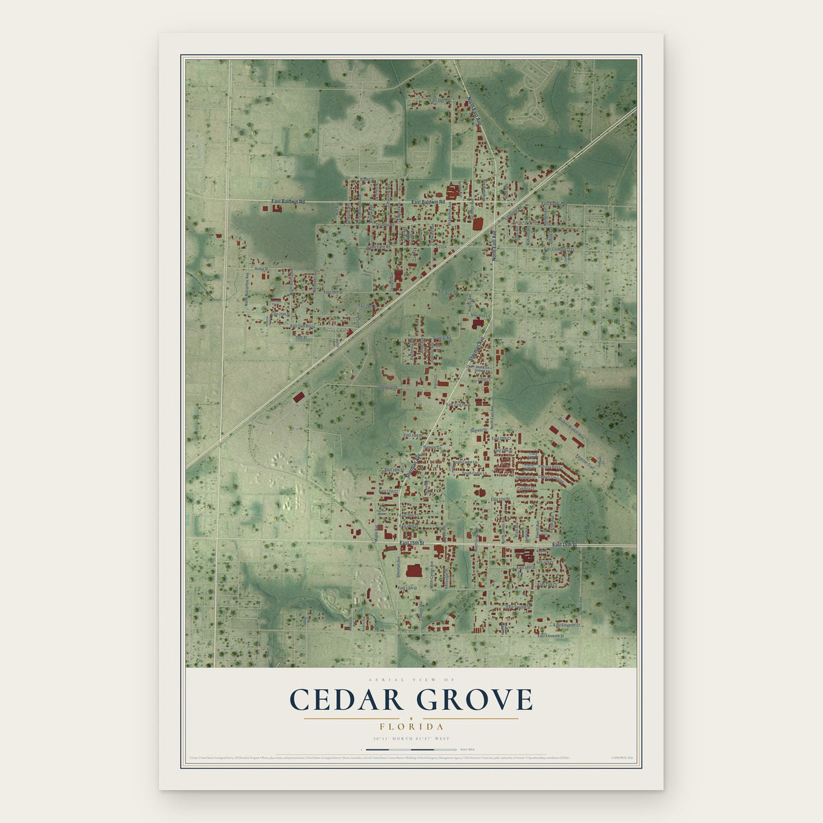 Cedar Grove, Florida map print, the full design