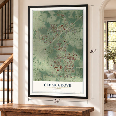 Cedar Grove, Florida map, 24 x 36 inch print in a black frame by a staircase