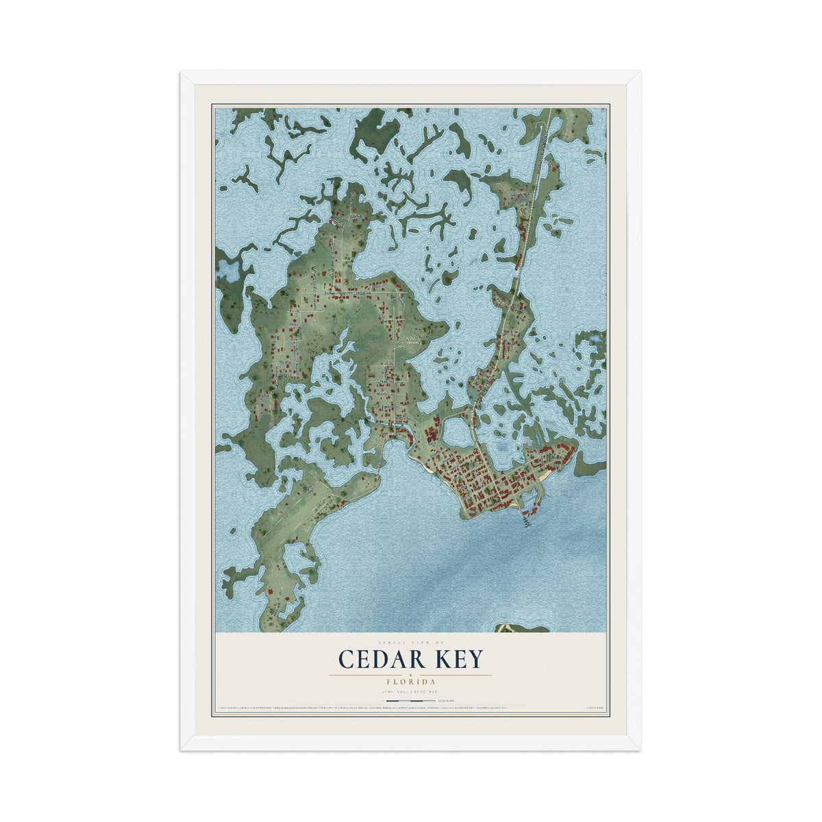 Cedar Key, Florida map print, 12" x 18" W/ White Ayous Wood Frame mockup