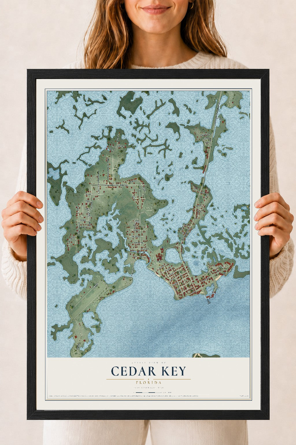 Cedar Key, Florida map print, 18" x 24" W/ Black Ayous Wood Frame mockup