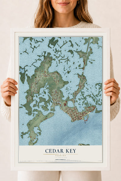 Cedar Key, Florida map print, 18" x 24" W/ White Ayous Wood Frame mockup