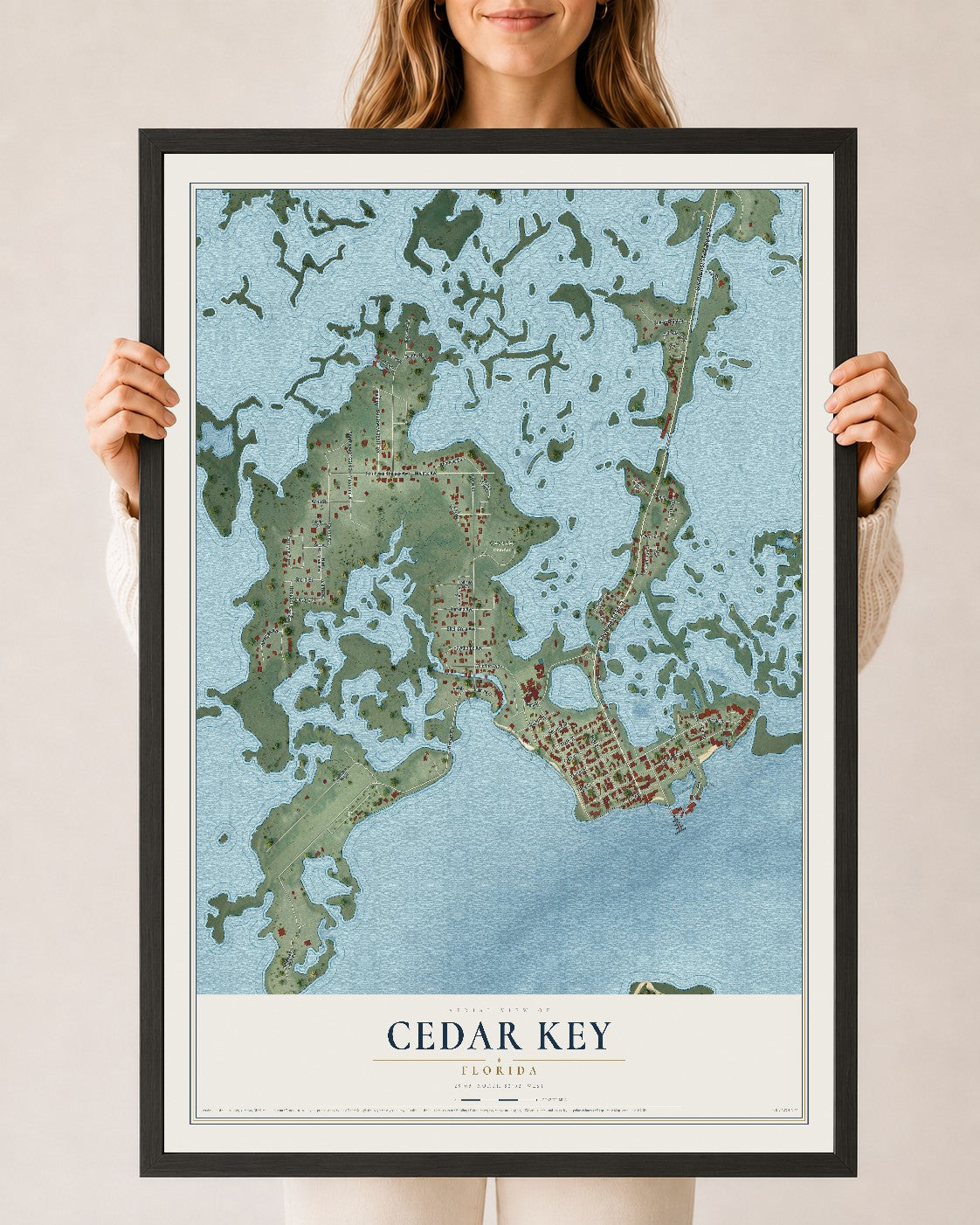 Cedar Key, Florida map print, 24" x 36" W/ Black Ayous Wood Frame mockup