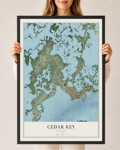 Cedar Key, Florida map print, 24" x 36" W/ Black Ayous Wood Frame mockup