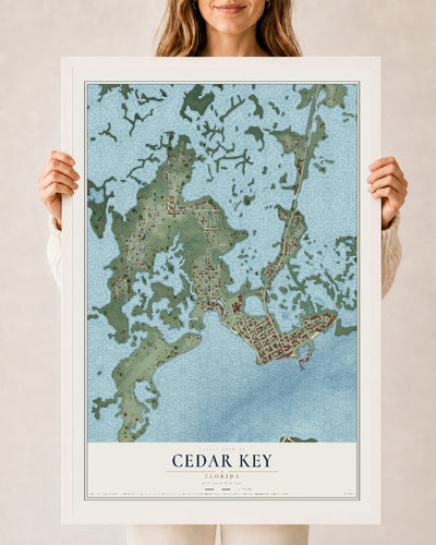 Cedar Key, Florida map print, 24" x 36" W/ White Ayous Wood Frame mockup
