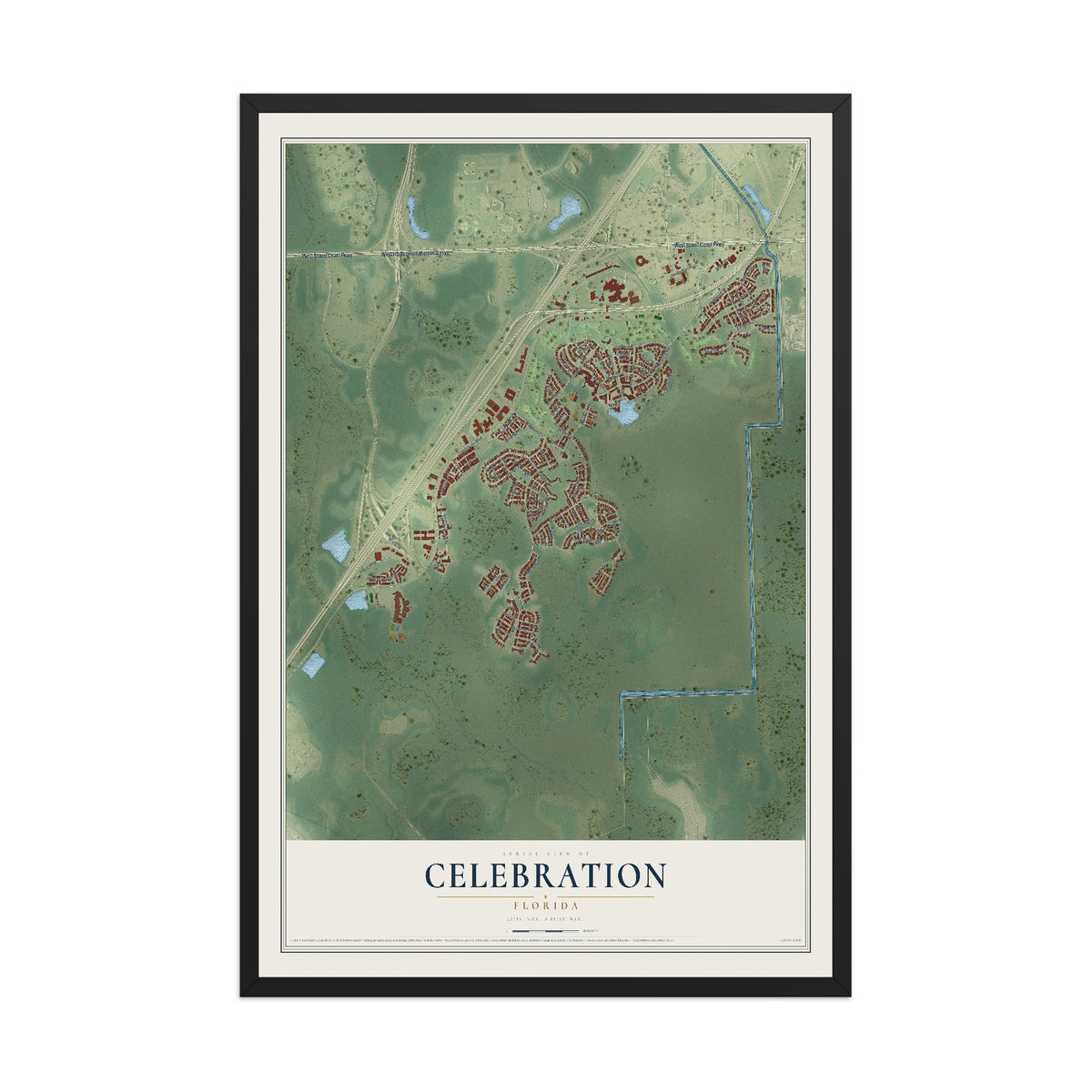 Celebration, Florida map print, 12" x 18" W/ Black Ayous Wood Frame mockup