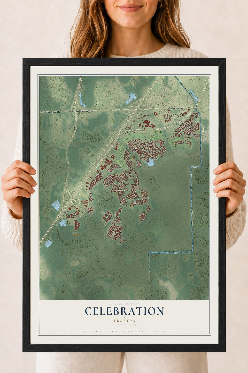 Celebration, Florida map print, 18" x 24" W/ Black Ayous Wood Frame mockup