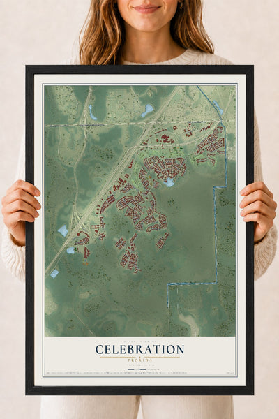 Celebration, Florida map print, 18" x 24" W/ Black Ayous Wood Frame mockup