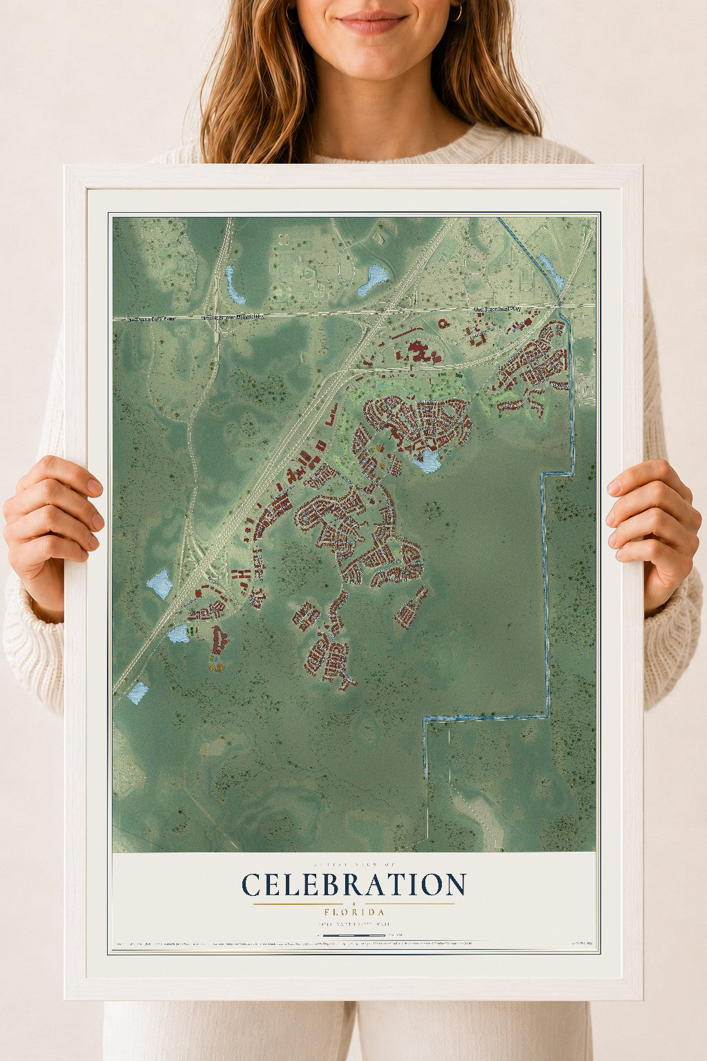 Celebration, Florida map print, 18" x 24" W/ White Ayous Wood Frame mockup