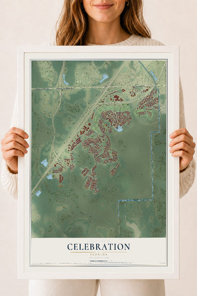 Celebration, Florida map print, 18" x 24" W/ White Ayous Wood Frame mockup