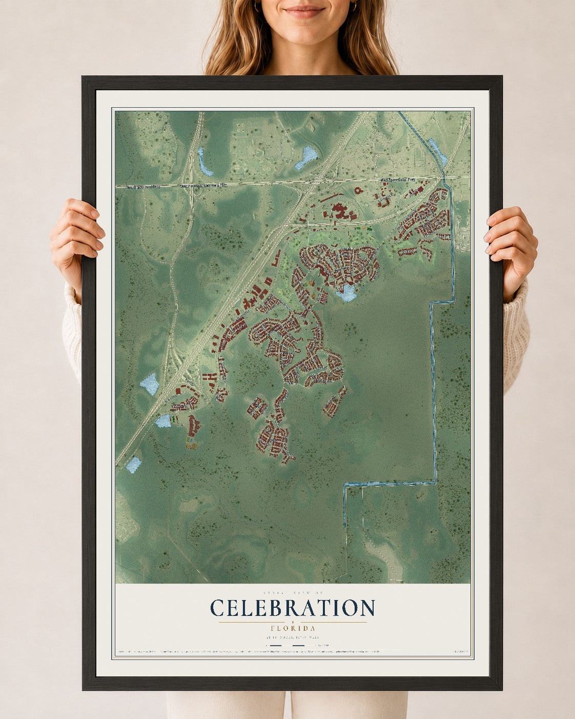 Celebration, Florida map print, 24" x 36" W/ Black Ayous Wood Frame mockup