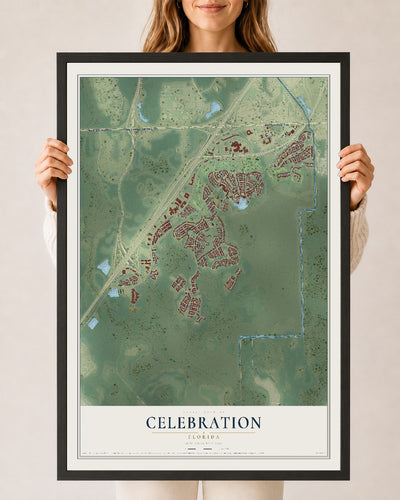 Celebration, Florida map print, 24" x 36" W/ Black Ayous Wood Frame mockup